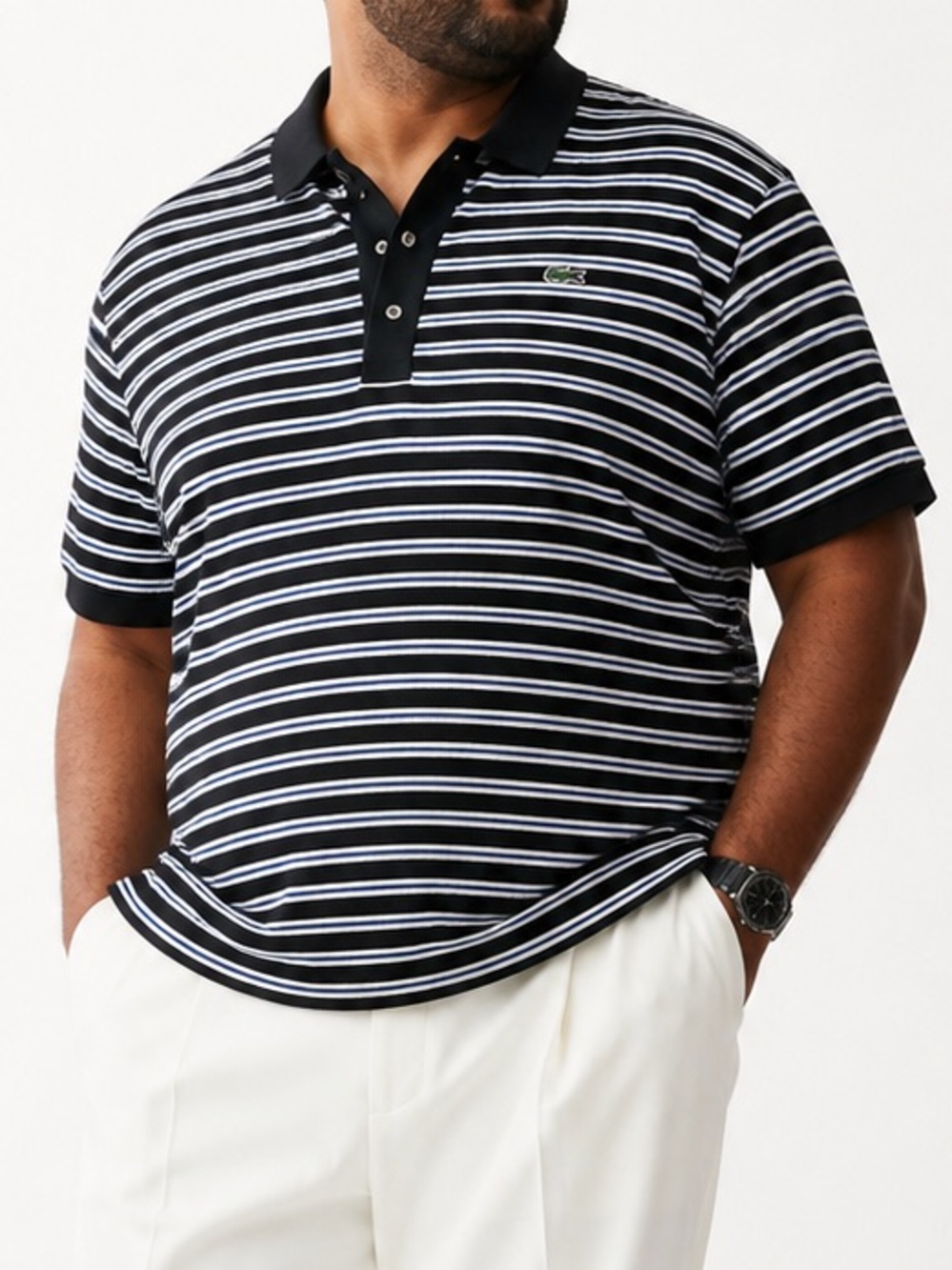 Lacoste 100% Cotton Black, Blue & White Striped Polo Shirt Size 9L (US 4X)